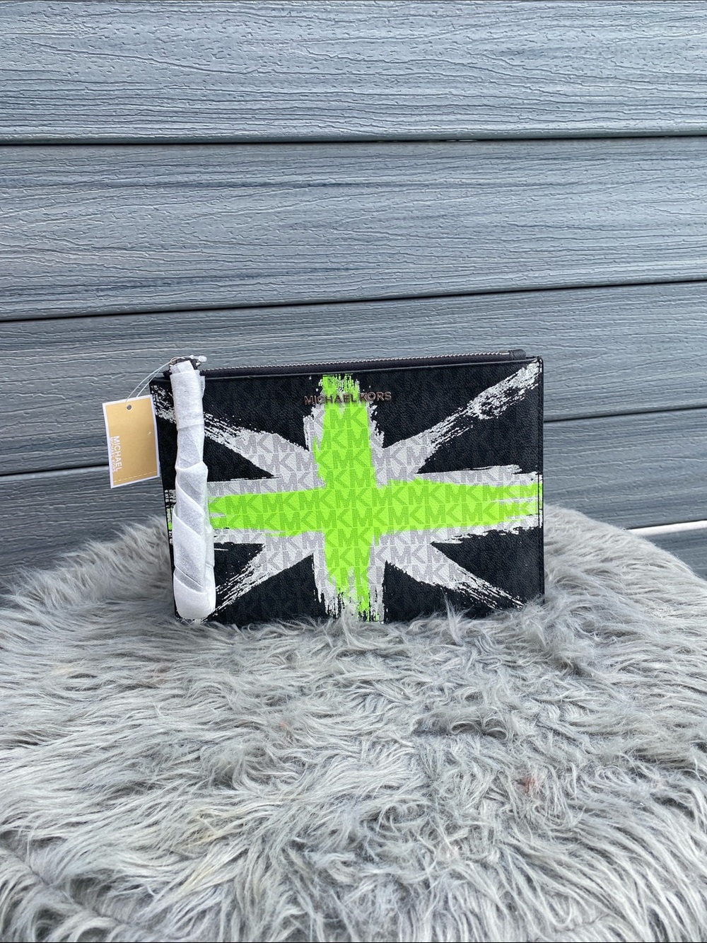 Michael Kors Black, Neon Green & White Limited Edition Clutch Wristlet